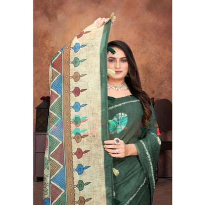 Women's Linen Printed Saree With Unstitched Blouse 5.5Mtr (Dark Green)