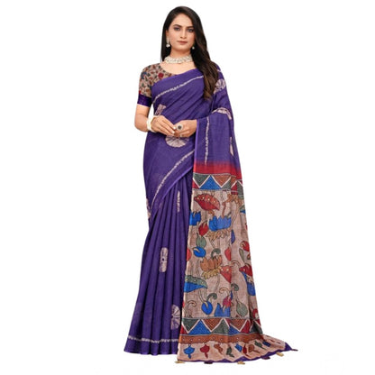 Women's Linen Printed Saree With Unstitched Blouse 5.5Mtr (Purple)