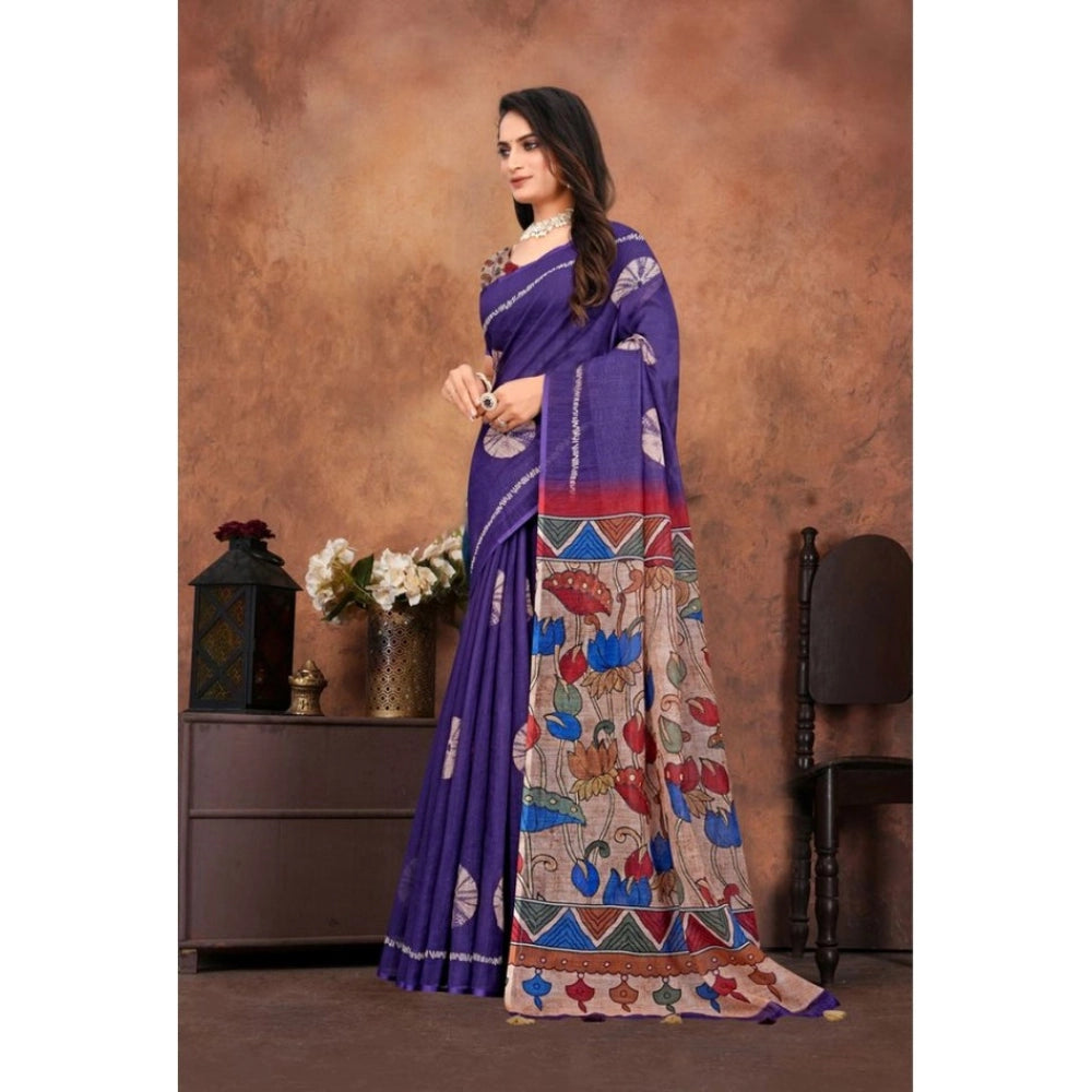 Women's Linen Printed Saree With Unstitched Blouse 5.5Mtr (Purple)