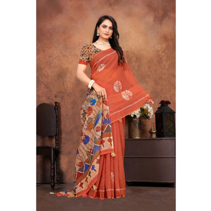 Women's Linen Printed Saree With Unstitched Blouse 5.5Mtr (Red)
