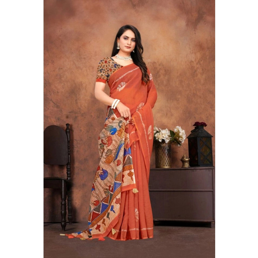 Women's Linen Printed Saree With Unstitched Blouse 5.5Mtr (Red)