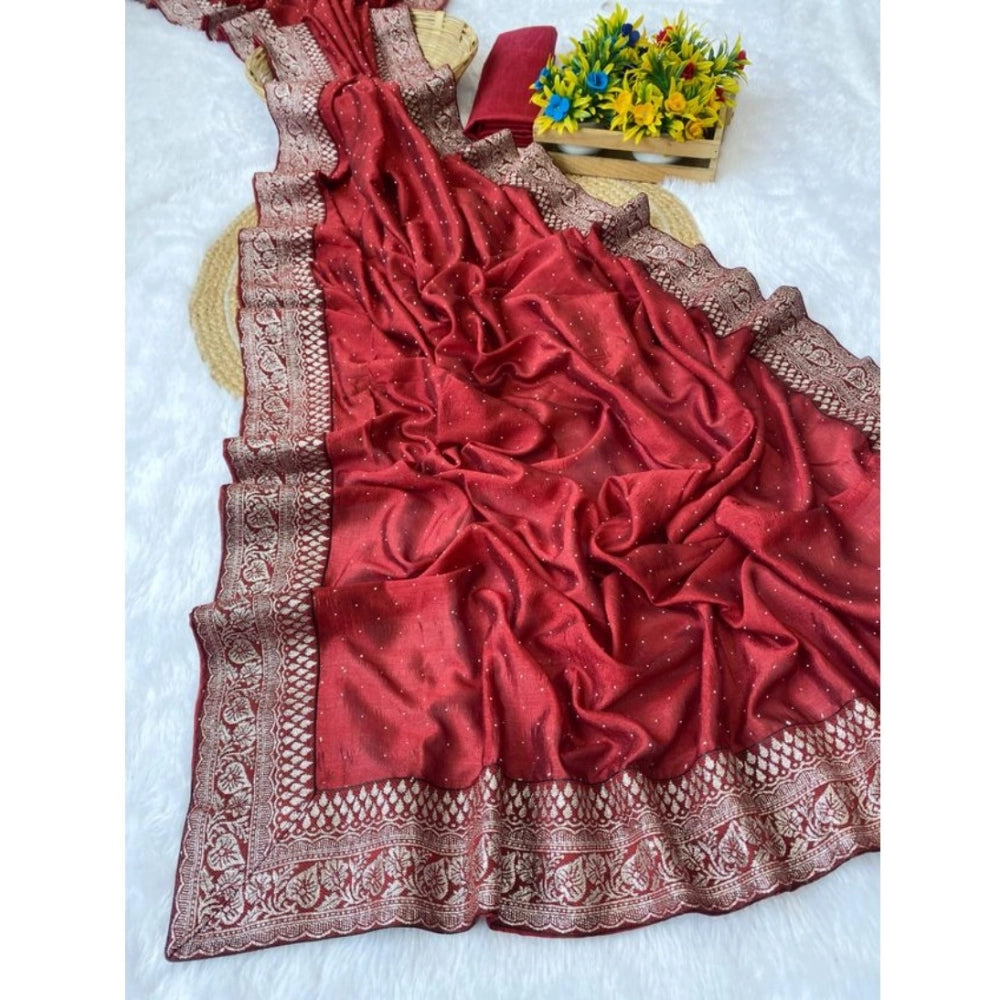 Women's Silk Embroidred Saree With Unstitched Blouse 5.5Mtr (Red)