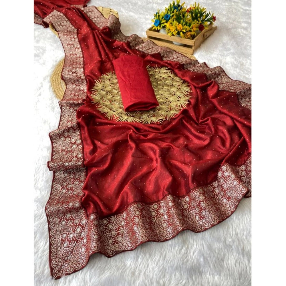 Women's Silk Embroidred Saree With Unstitched Blouse 5.5Mtr (Red)