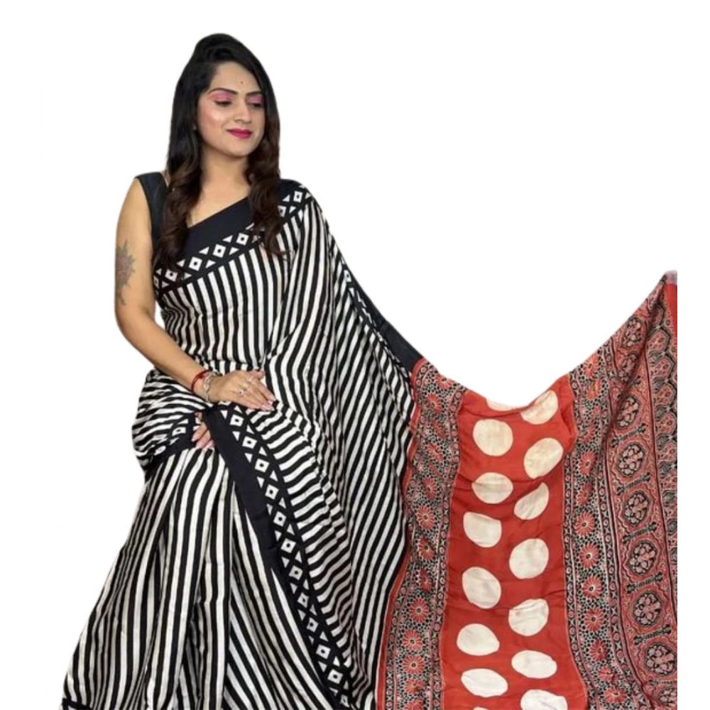 Women's Satin Printed Saree With Unstitched Blouse 5.5Mtr (Black)