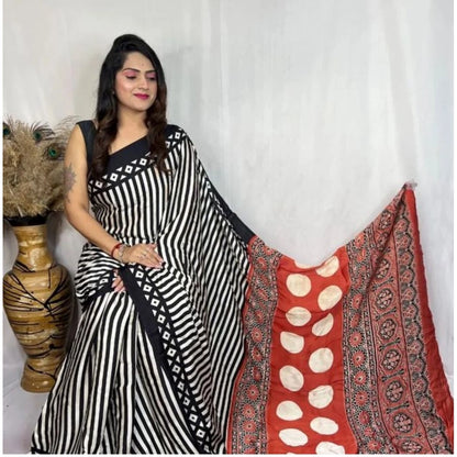 Women's Satin Printed Saree With Unstitched Blouse 5.5Mtr (Black)