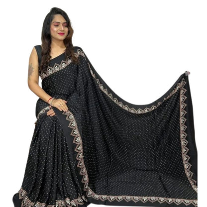 Women's Satin Printed Saree With Unstitched Blouse 5.5Mtr (Black)
