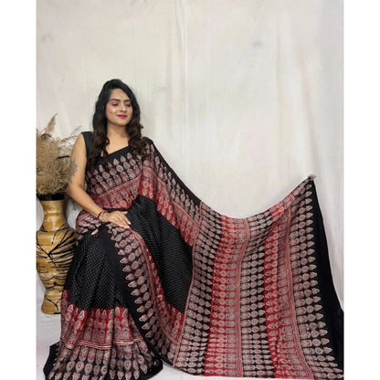 Women's Satin Printed Saree With Unstitched Blouse 5.5Mtr (Black)