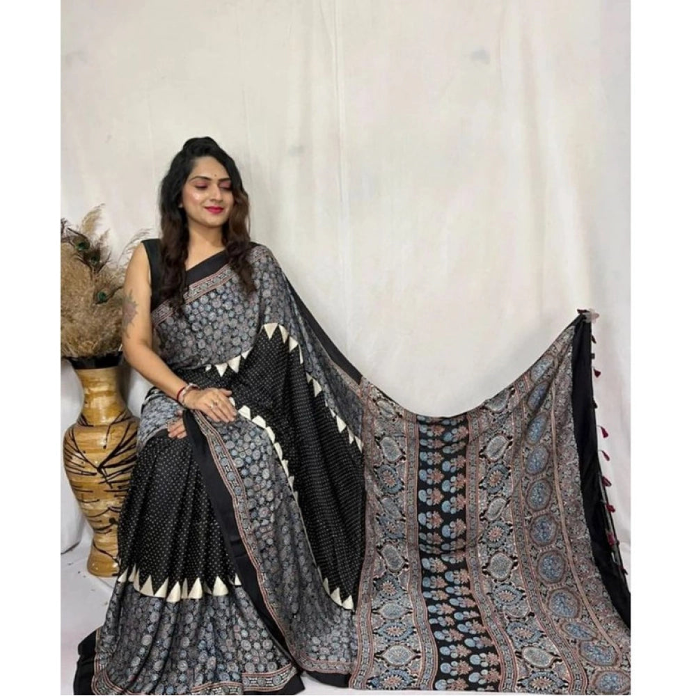 Women's Satin Printed Saree With Unstitched Blouse 5.5Mtr (Black)