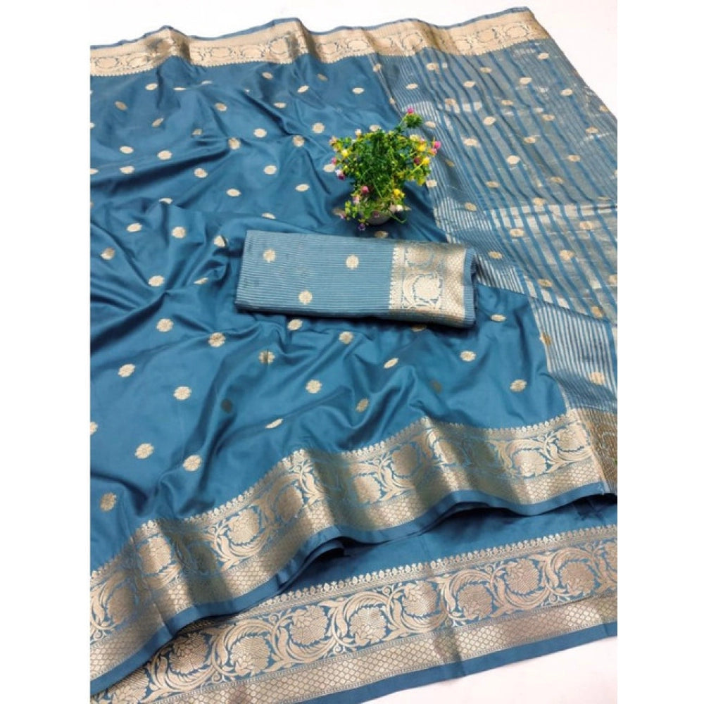 Women's Jacquard Silk Jaquard Woven Saree With Unstitched Blouse 5.5Mtr (Light Blue)