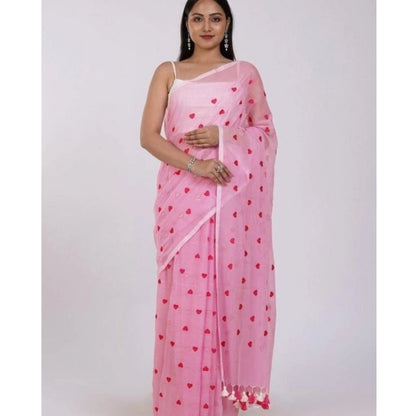 Women's Linen Printed Saree With Unstitched Blouse 5.5Mtr (Pink)