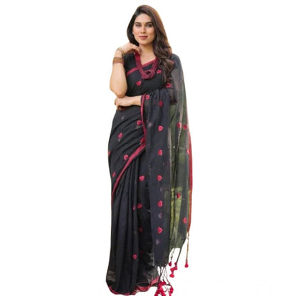 Women's Linen Printed Saree With Unstitched Blouse 5.5Mtr (Black)