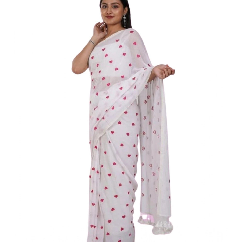 Women's Linen Printed Saree With Unstitched Blouse 5.5Mtr (White)