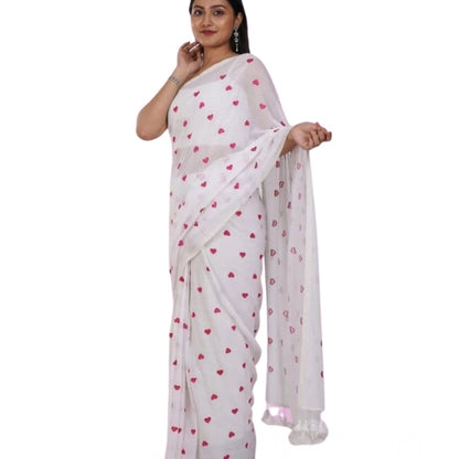 Women's Linen Printed Saree With Unstitched Blouse 5.5Mtr (White)