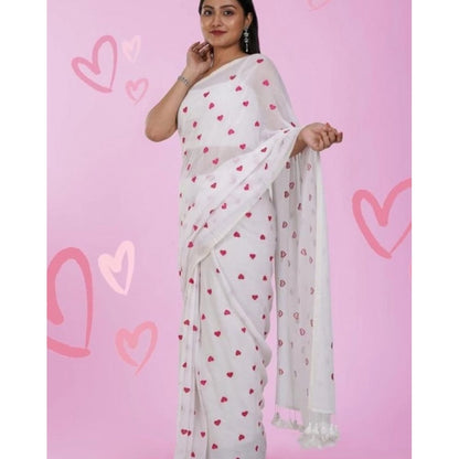 Women's Linen Printed Saree With Unstitched Blouse 5.5Mtr (White)