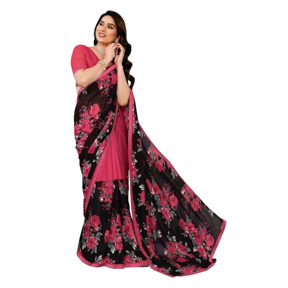Women's Georgette Printed Saree With Unstitched Blouse 5.5Mtr (Pink)