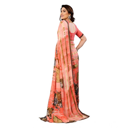 Women's Georgette Printed Saree With Unstitched Blouse 5.5Mtr (Orange)