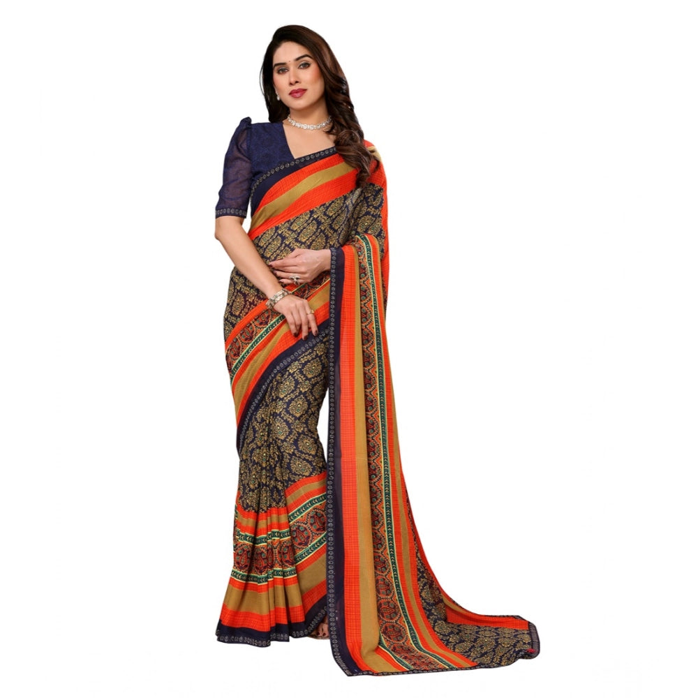 Women's Georgette Printed Saree With Unstitched Blouse 5.5Mtr (Orange)