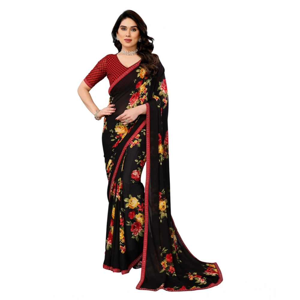 Women's Georgette Printed Saree With Unstitched Blouse 5.5Mtr (Black)