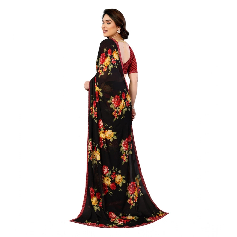 Women's Georgette Printed Saree With Unstitched Blouse 5.5Mtr (Black)