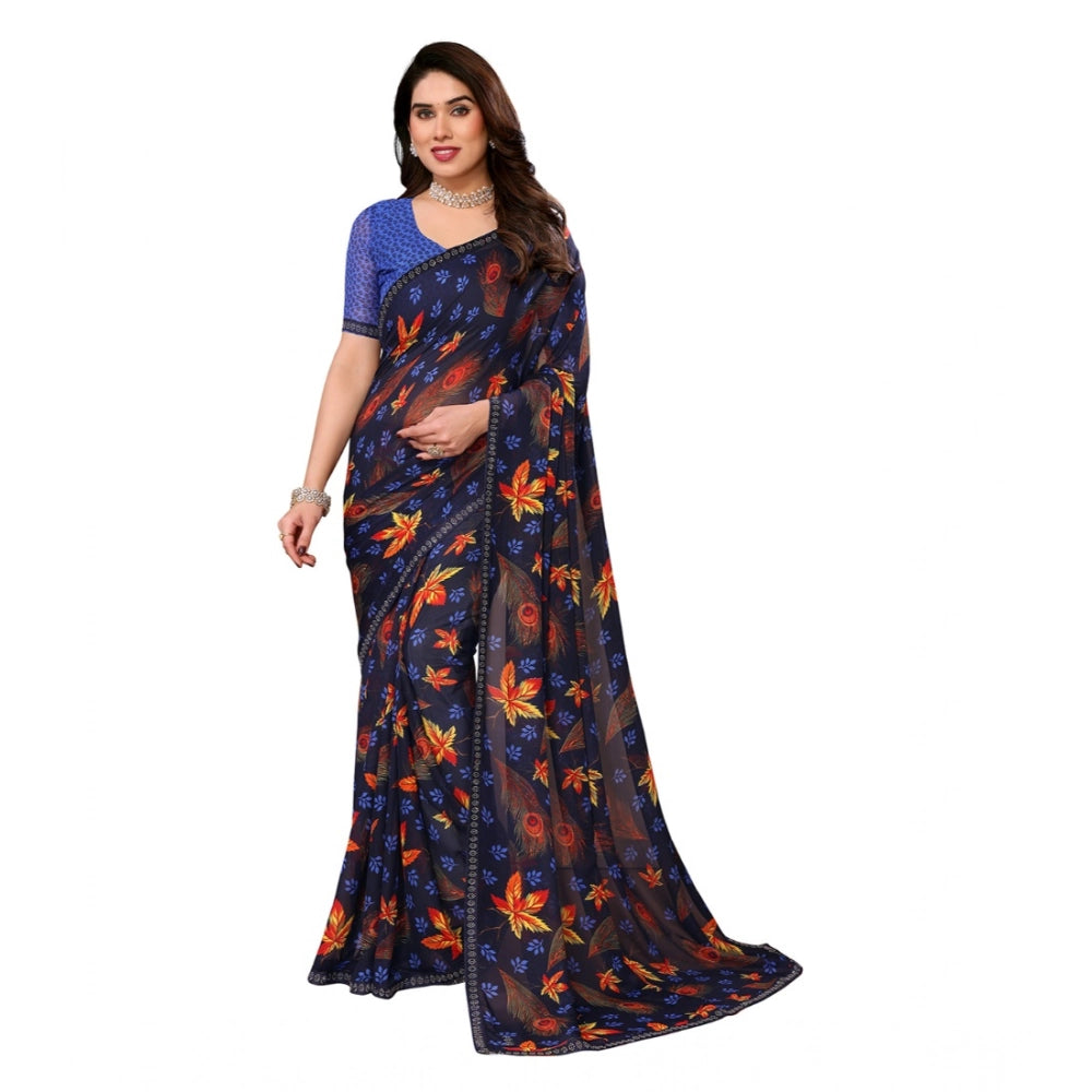 Women's Georgette Printed Saree With Unstitched Blouse 5.5Mtr (Blue)