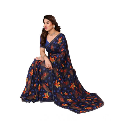 Women's Georgette Printed Saree With Unstitched Blouse 5.5Mtr (Blue)