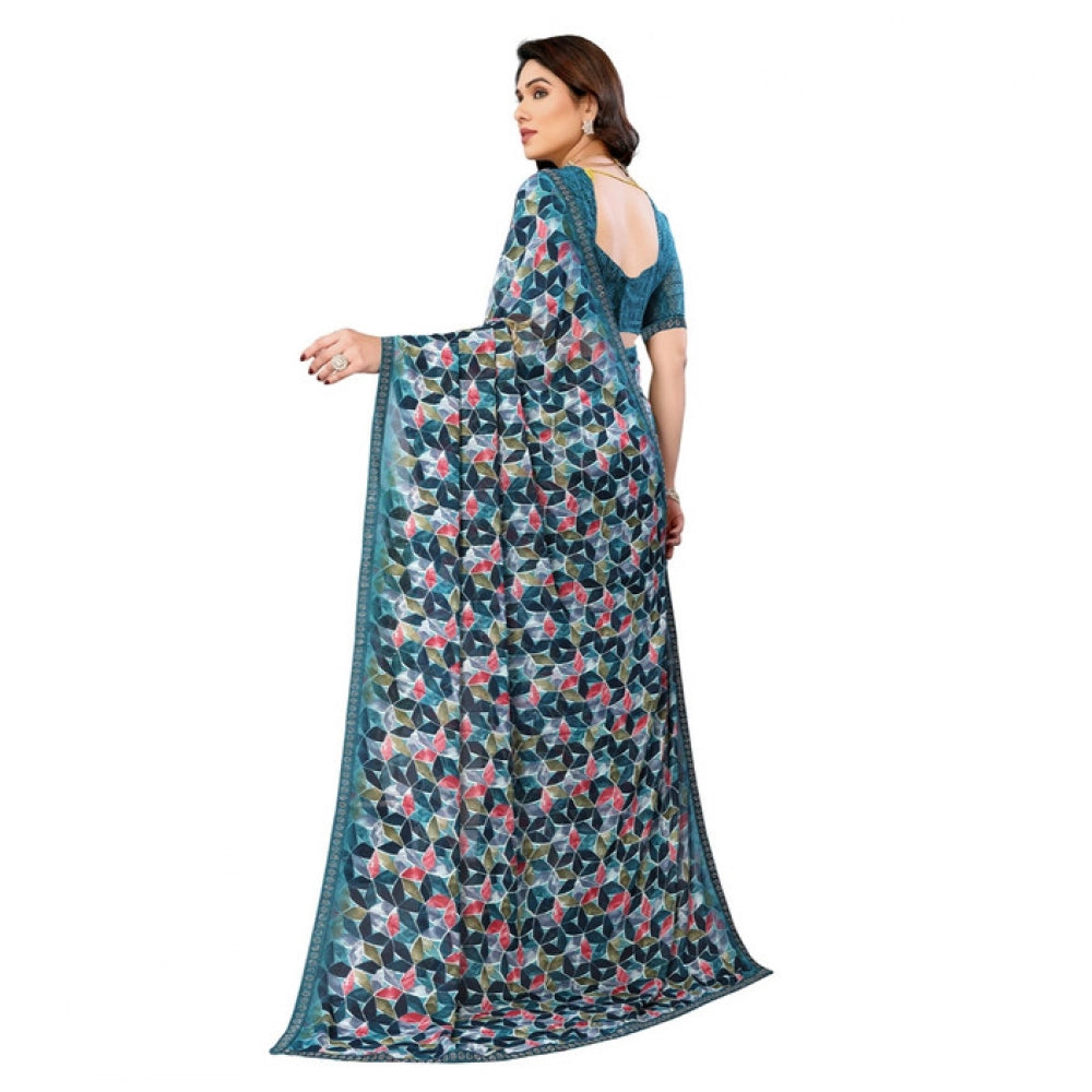Women's Georgette Printed Saree With Unstitched Blouse 5.5Mtr (Sky Blue)
