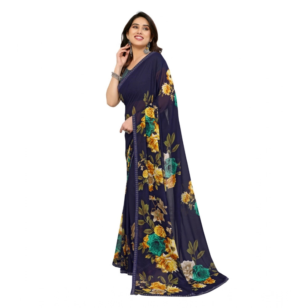 Women's Georgette Printed Saree With Unstitched Blouse 5.5Mtr (Navy Blue)