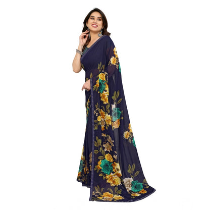 Women's Georgette Printed Saree With Unstitched Blouse 5.5Mtr (Navy Blue)