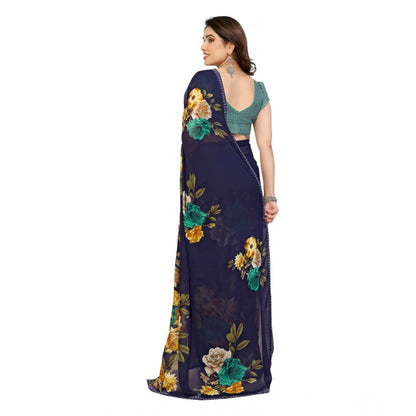 Women's Georgette Printed Saree With Unstitched Blouse 5.5Mtr (Navy Blue)