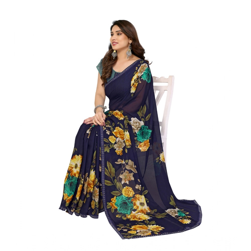 Women's Georgette Printed Saree With Unstitched Blouse 5.5Mtr (Navy Blue)