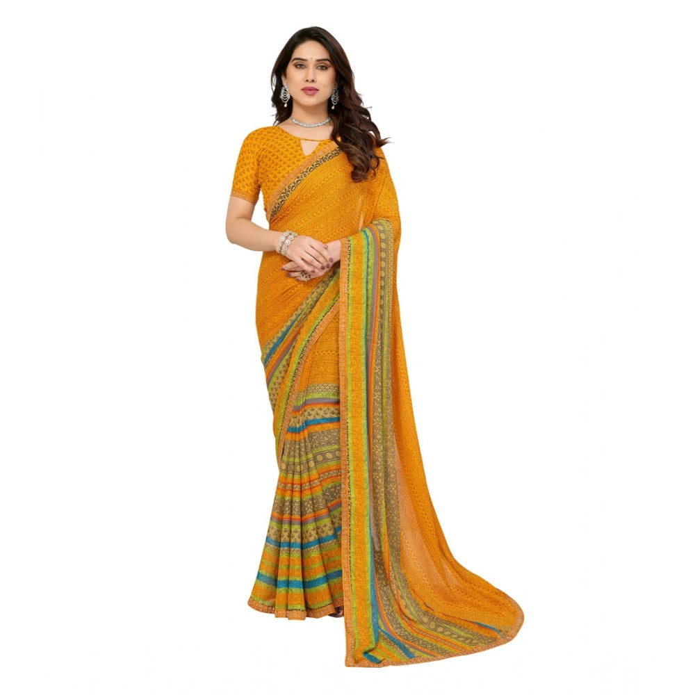 Women's Georgette Printed Saree With Unstitched Blouse 5.5Mtr (Mustard)
