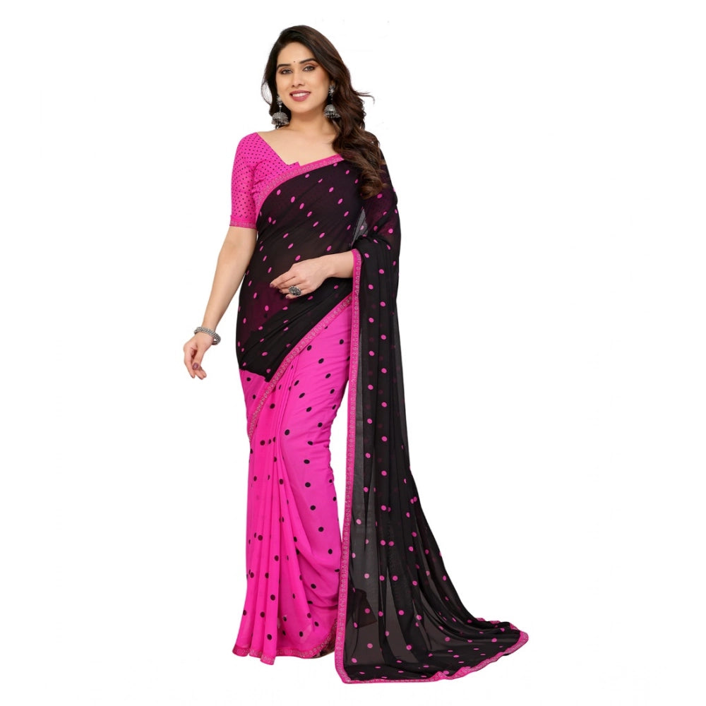 Women's Georgette Printed Saree With Unstitched Blouse 5.5Mtr (Black-Pink)
