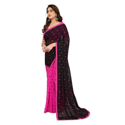 Women's Georgette Printed Saree With Unstitched Blouse 5.5Mtr (Black-Pink)