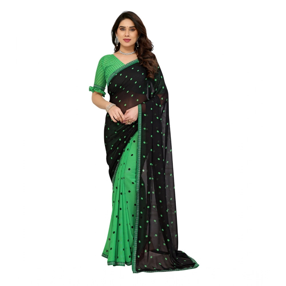 Women's Georgette Printed Saree With Unstitched Blouse 5.5Mtr (Black-Green)