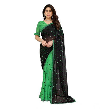 Women's Georgette Printed Saree With Unstitched Blouse 5.5Mtr (Black-Green)