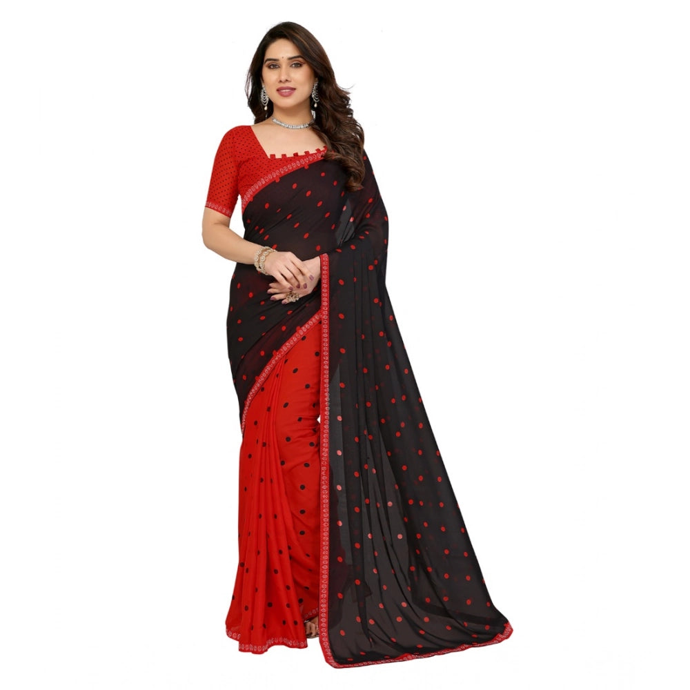 Women's Georgette Printed Saree With Unstitched Blouse 5.5Mtr (Black-Red)