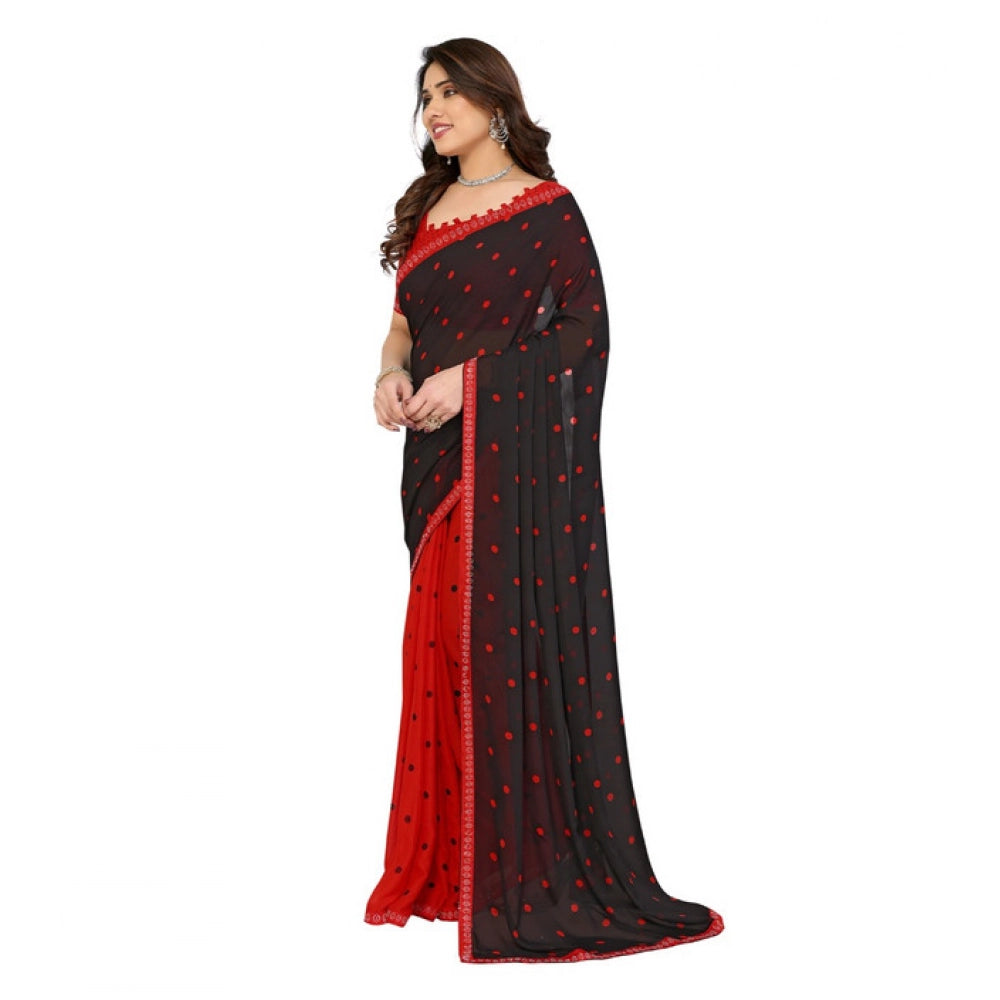 Women's Georgette Printed Saree With Unstitched Blouse 5.5Mtr (Black-Red)