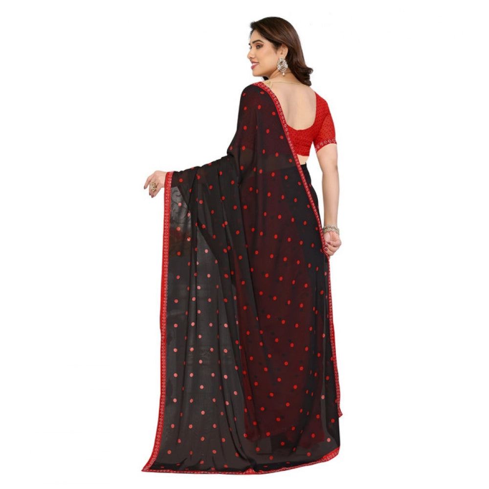 Women's Georgette Printed Saree With Unstitched Blouse 5.5Mtr (Black-Red)