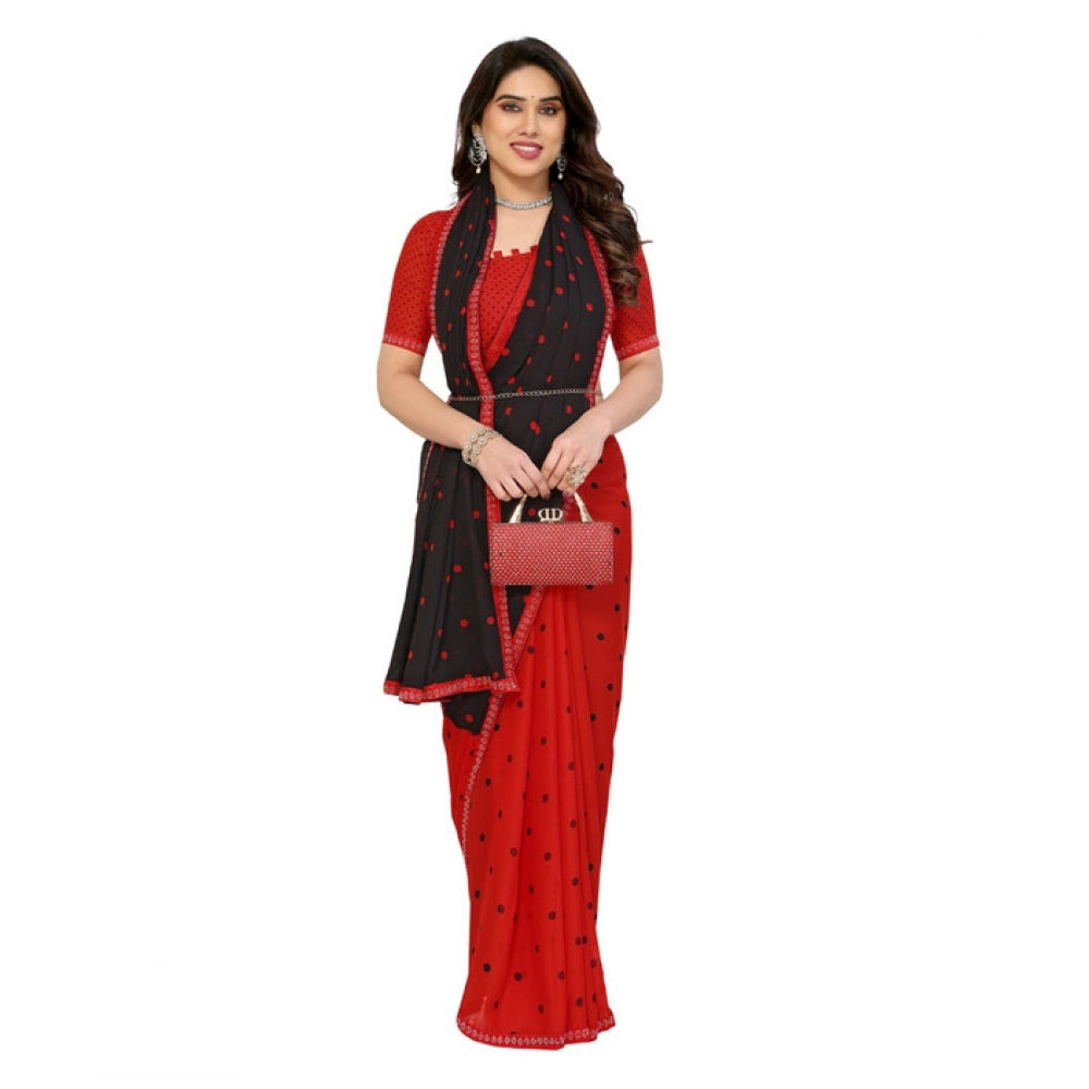 Women's Georgette Printed Saree With Unstitched Blouse 5.5Mtr (Black-Red)