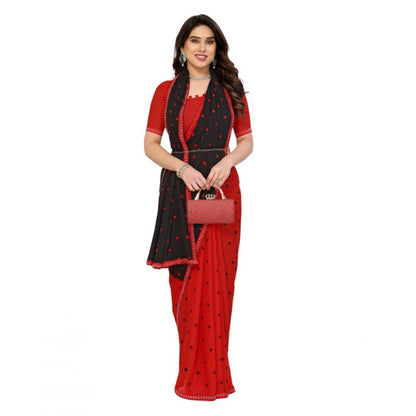 Women's Georgette Printed Saree With Unstitched Blouse 5.5Mtr (Black-Red)