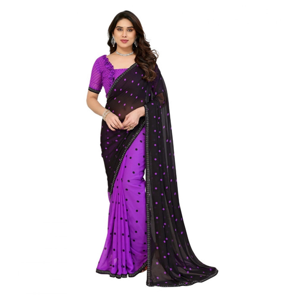 Women's Georgette Printed Saree With Unstitched Blouse 5.5Mtr (Black-Purple)