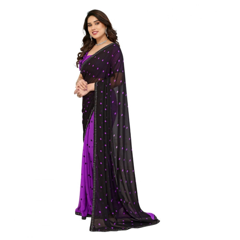 Women's Georgette Printed Saree With Unstitched Blouse 5.5Mtr (Black-Purple)