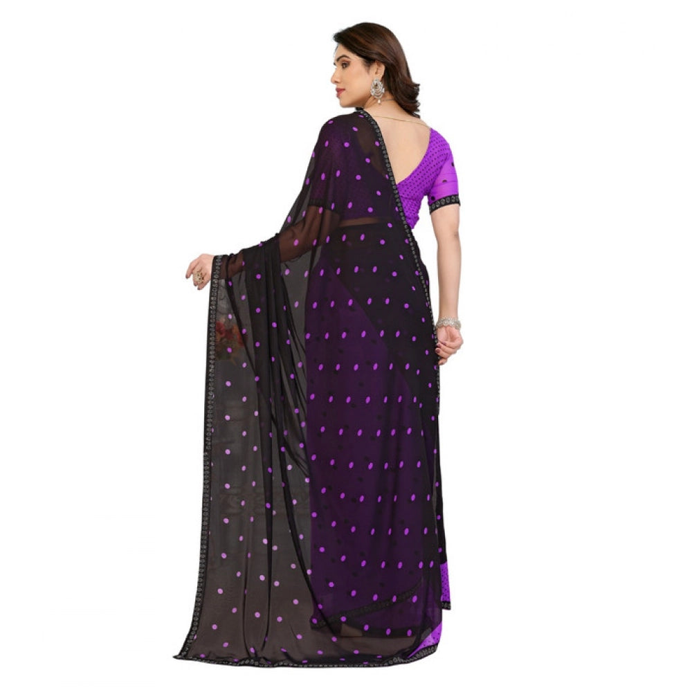 Women's Georgette Printed Saree With Unstitched Blouse 5.5Mtr (Black-Purple)