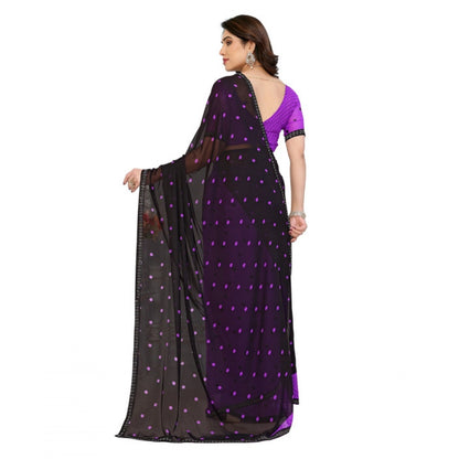 Women's Georgette Printed Saree With Unstitched Blouse 5.5Mtr (Black-Purple)