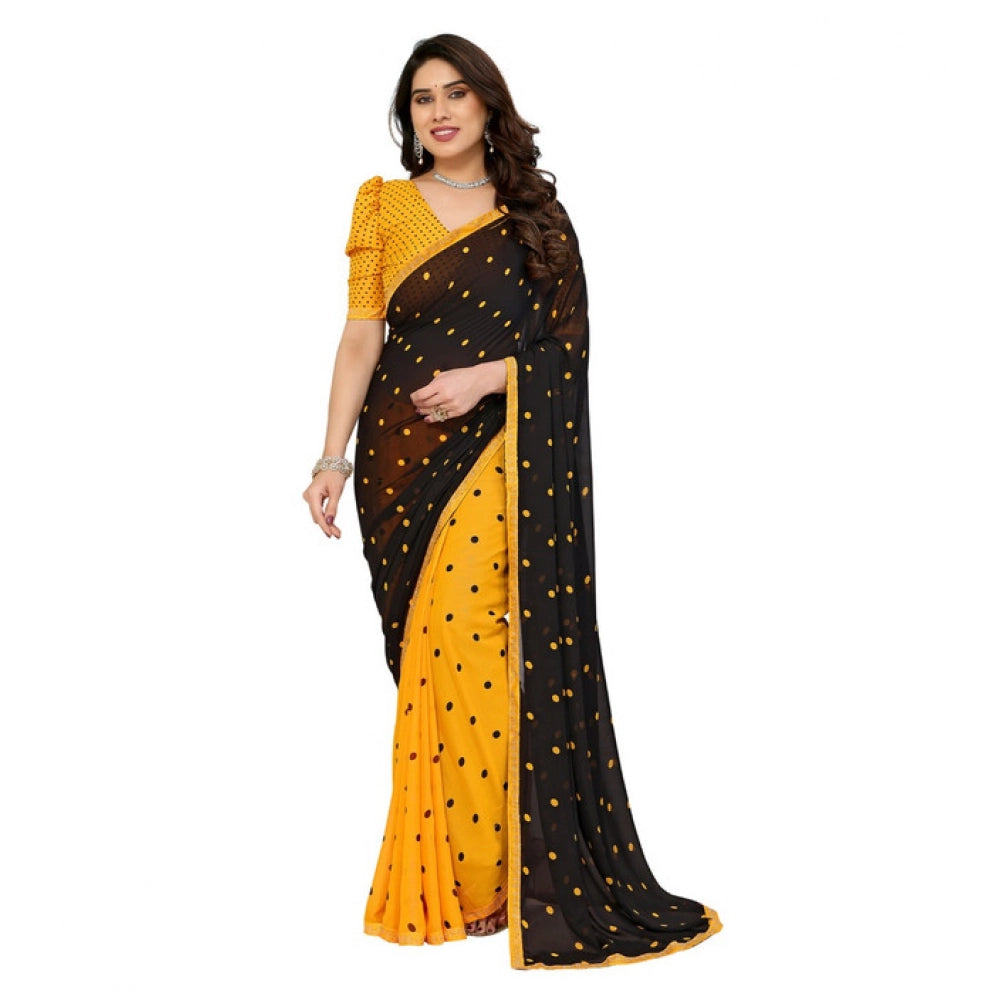 Women's Georgette Printed Saree With Unstitched Blouse 5.5Mtr (Black-Yellow)