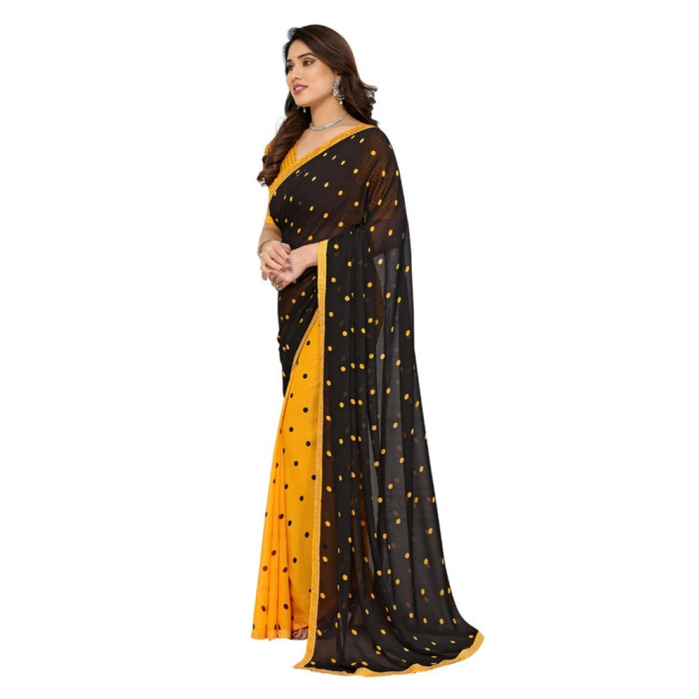 Women's Georgette Printed Saree With Unstitched Blouse 5.5Mtr (Black-Yellow)