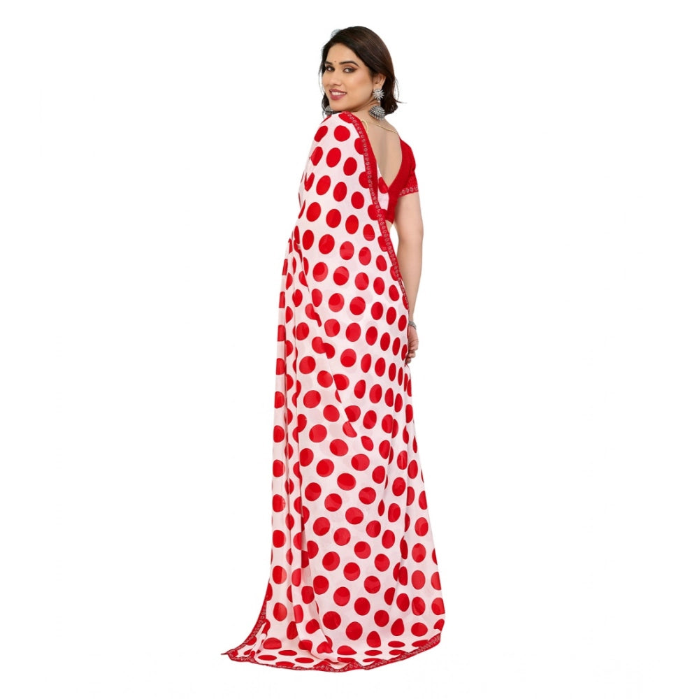 Women's Georgette Printed Saree With Unstitched Blouse 5.5Mtr (Red-White)