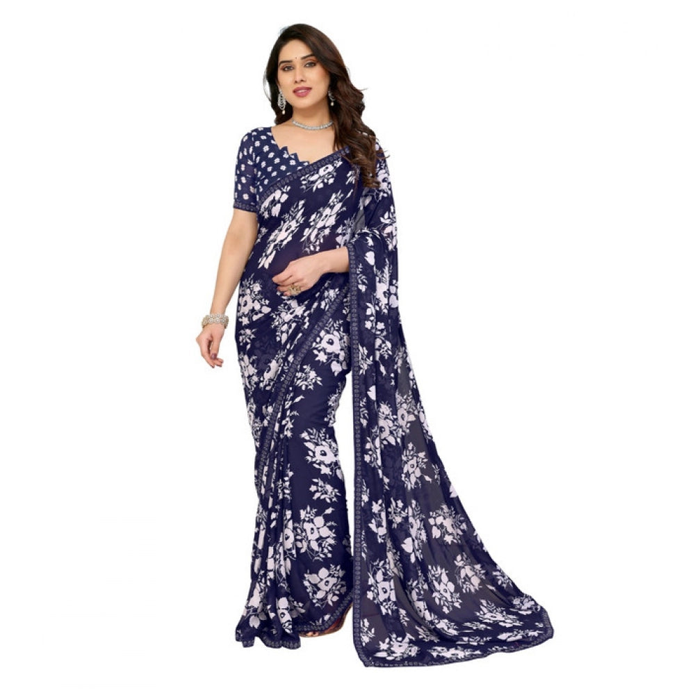 Women's Georgette Printed Saree With Unstitched Blouse 5.5Mtr (Navy Blue)