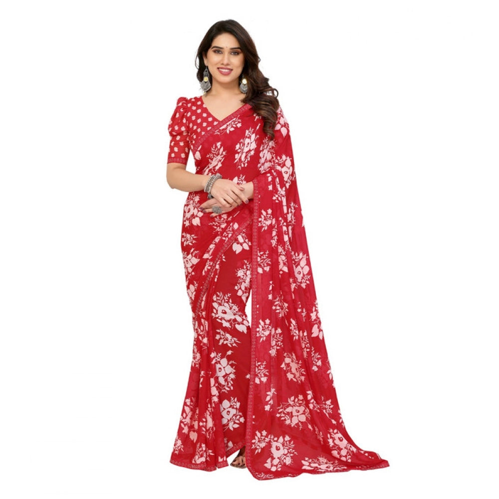 Women's Georgette Printed Saree With Unstitched Blouse 5.5Mtr (Red)