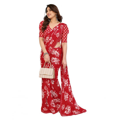Women's Georgette Printed Saree With Unstitched Blouse 5.5Mtr (Red)